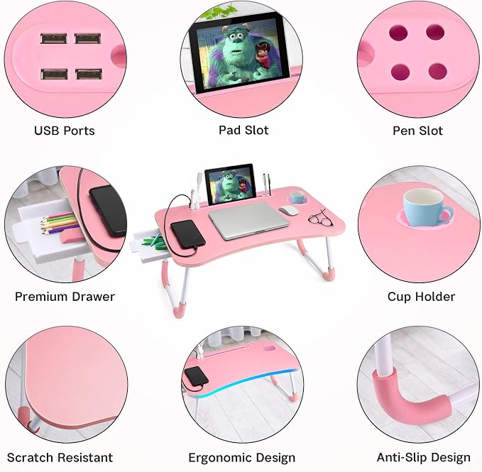 Slendor Bed Desk for Laptop and Writing with Storage, Cup Holder, Light - Image 5