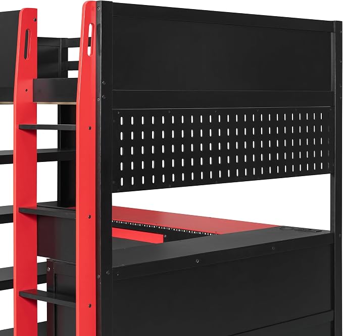 Merax Full Size Gaming Loft Bed with Desk and RGB LED Lights, Pro-Gamer Bed with Power Outlet, Large Bookshelf, Pegboard, Keyboard Tray & Drawer, Red - Image 9