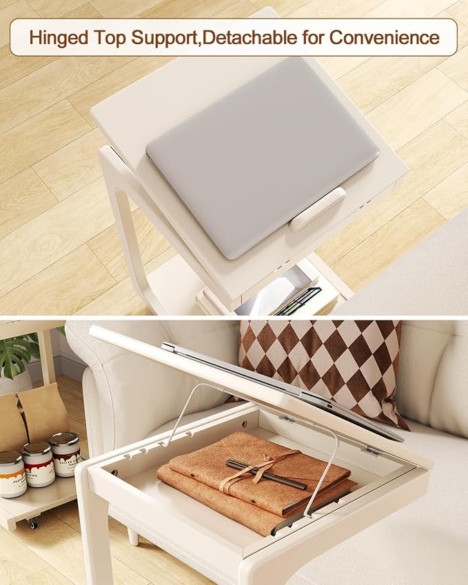 AQIMUELE Wooden C-Shaped End Table,Couch Table with Adjustable Desktop,Small Rolling Side Table with 2 Lockable Wheels,Small End Table for Couch, Living Room,Bedroom (White) - Image 9