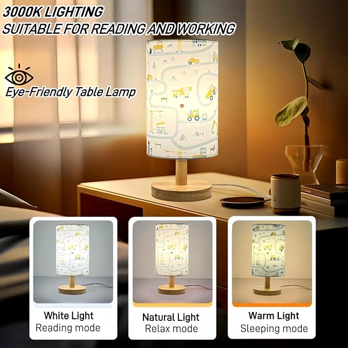 Kids Desk Lamp for Bedroom Boy,Reading Car Lamp,3-Way Dimmable Bedside Night Light with Cartoon Pattern Printed Shade and Wood Base for Kids Room Nursery Living Room Decor,Car Gift for Boys - Image 3