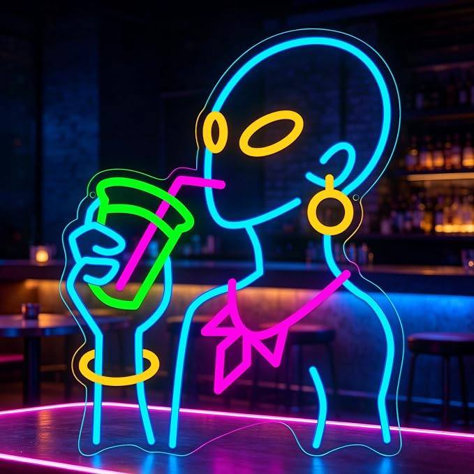 Drinking Neon Signs for Wall Decor, Boho Figure LED Wall Art for Home Bar Decor, USB Dimmable Neon Lights, Housewarming, Birthday, Christmas Gift (Alien Blue) by Tailedi