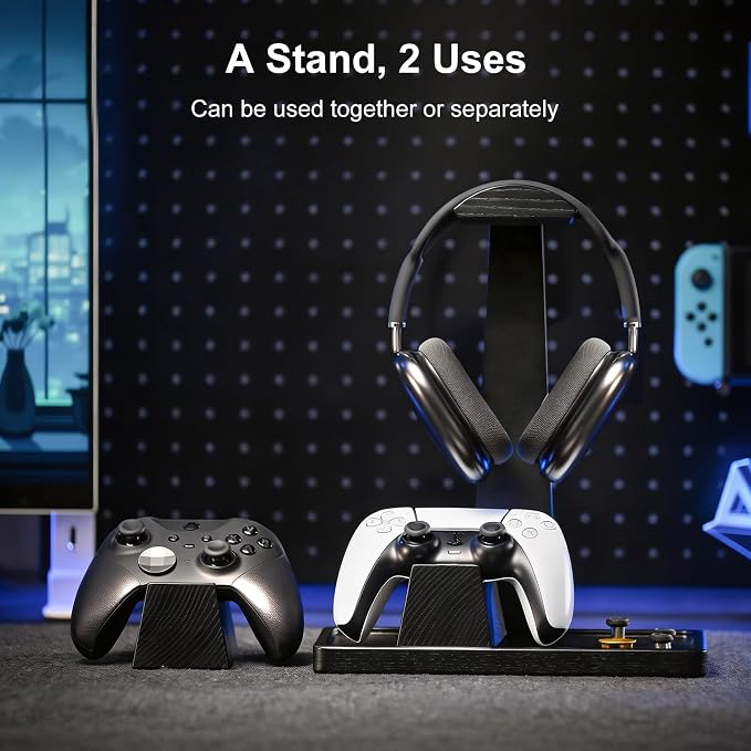 UPERGO Headphone and Headset Stand with Controller Holders Gamer Gifts | Solid Wood, Holds 2 Controllers, Storage Tray for Gaming Room Decor, Compatible with PS5 and Xbox - Image 2