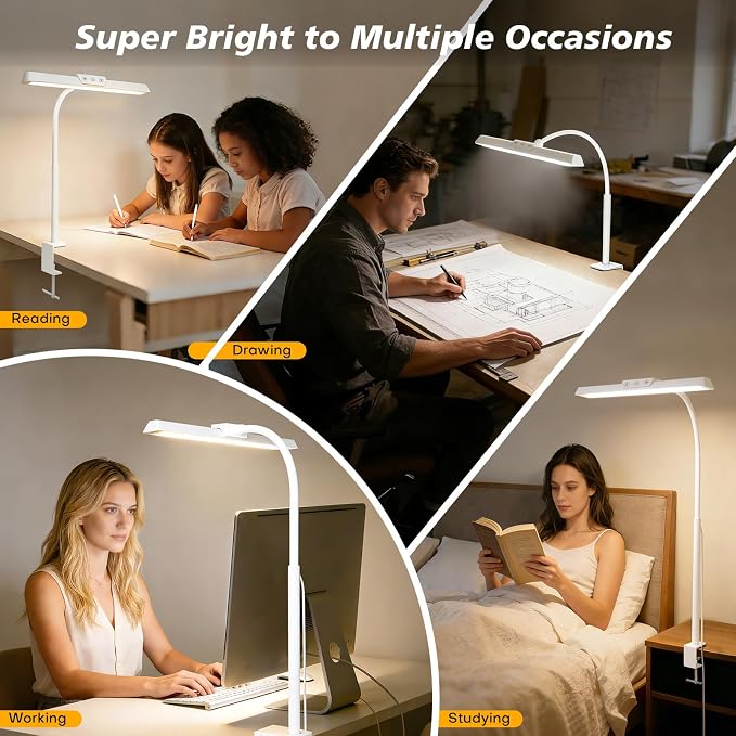LED Desk Lamp for Office Home, Stepless Dimming Architect Desk Light with DC Adapter, Eye-Caring Desk Lamp with Clamp, 25 Lighting Modes Adjustable 12.8in Flexible Gooseneck for Workbench(White) - Image 7