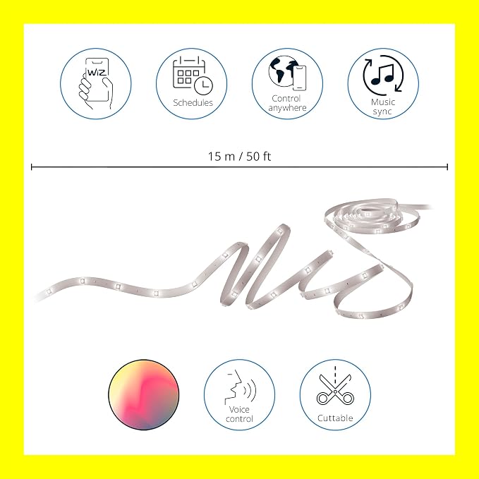 WiZ LED Smart Light Strip - Sunset to Sunrise Automation + Preset Light Modes + Control with Voice or App, Full Color RGB, Works with Alexa, Google Home, and HomeKit - 50 ft Cut to Fit (Pack of 4) - Image 8