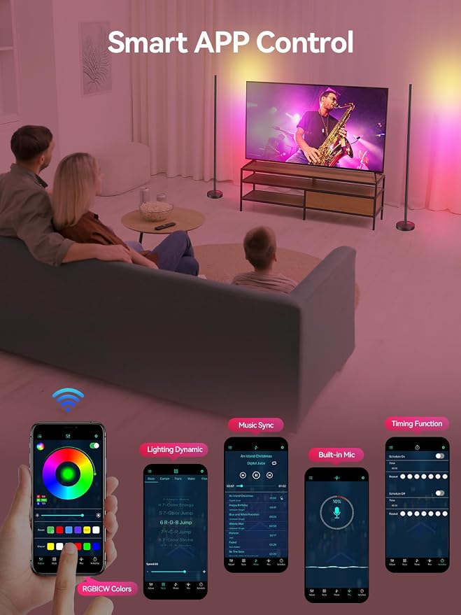 OIYN Smart RGBICW LED Corner Floor Lamp 2 Pack - 16 Million DIY Colors, 68+ Scenes, Music Sync, App & Remote Control, Color-Changing Ambient Lighting for Living Rooms, Bedrooms, and Gaming Rooms - Image 5