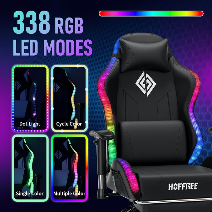 HOFFREE RGB Gaming Chair for Kids LED Computer Chair 155°Recliner-Black | PC Game Chair with Lights Gamer Chair for Boys Teens 8-15 Video Game Chairs with Footrest and Lumbar Support Racing Style - Image 4