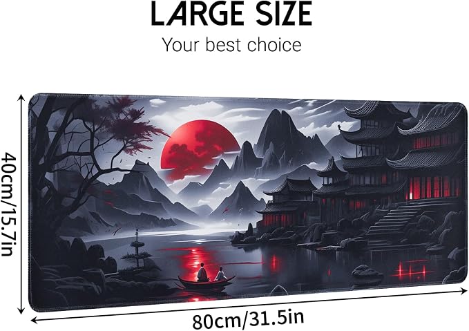 FreeNook Large Gaming Mouse Pad, Anime Black Mousepad with Stitched Edges, Expanded Cool Desk Mat, Japanese Red Moon XL Keyboard Mat Suitable for Home Office,31.5 X 15.7 Inch - Image 2