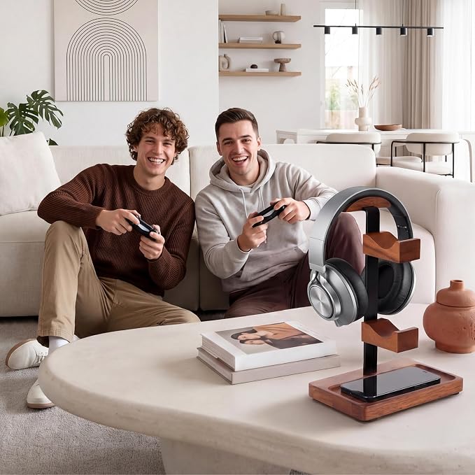Headphone Stand with Controller Holder, Gaming Headset Stand for Desk, Walnut Headphone Holder Desk Organizer Gaming Accessories Gift for Gamers (Light Walnut) - Image 4