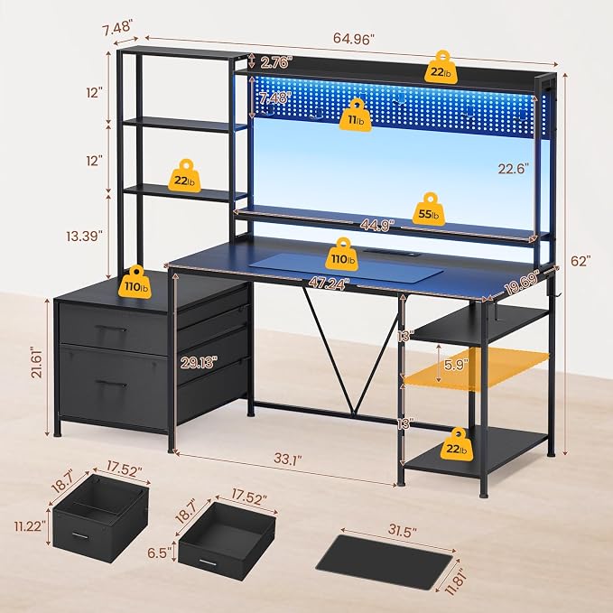 UPOSOJA Gaming Desk with Hutch, 65in Reversible Computer Desk with Power Outlets LED Light, Home Office Desk with Monitor Stand 2 Drawers 4 Storage Shelves Pegboard 8 Hooks Mouse Pad (Black) - Image 2