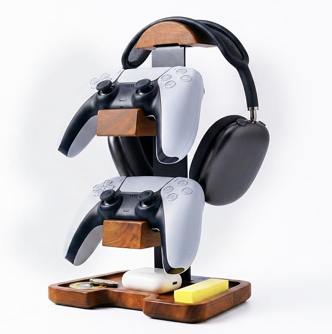 Gaming Equipment Headset Stand with Dual Controller Organizer Rack & Storage Base, Headphone Stand Gamer Gifts for Men Teenage Boy, Unique Gifts for Gamers to Organize Gaming Accessories (Brown Wood) by Unknown