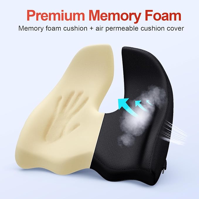 Benazcap Memory Foam Seat Cushion Relieves Sciatica & Tailbone Pain | Ergonomic design, washable cover & anti-slip base, long-sitting pad for office, gaming and car seats Black - Image 4