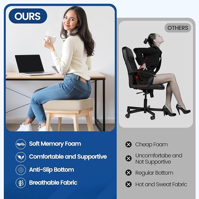 SweetSlubr Seat Cushion, Chair Pad, Memory Foam Tailbone Pain Relief | Office Chair Cushion for Tailbone Pain Relief, Non-Slip Cover, Soft Support for Office Chair, Car Seat,X-Large/Beige - Image 5