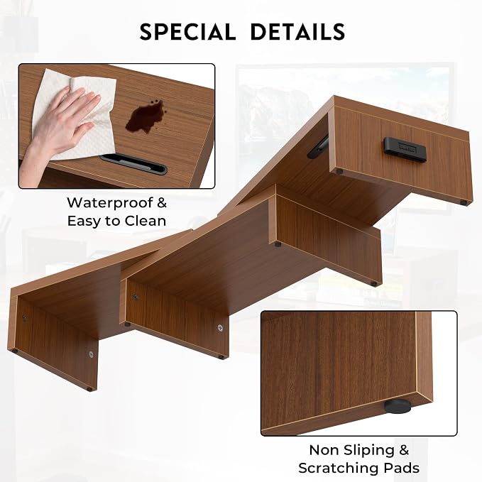 BONTEC Dual Monitor Stand Riser, Adjustable Length & Swivel Angle, Walnut | Ergonomic Wooden Desktop Organizer with Smartphone Holder, Computer Monitor Stand for PC, Laptop,Printer and Large Storage - Image 7