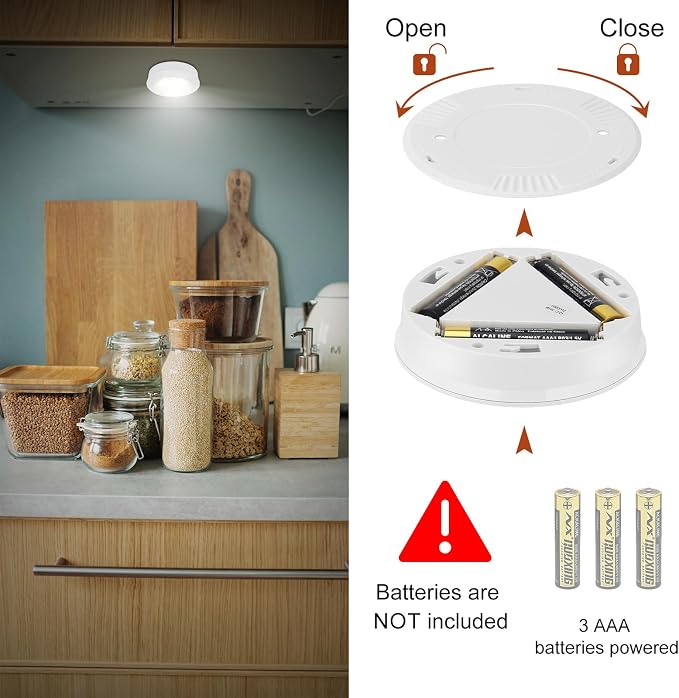 LUXSWAY LED Puck Light, Ultra-Thin Touch Light, Battery Operated, Tap Lights, 60 Lumens, Stick on Lights, Under Cabinet Lighting, Ideal for Kitchen Cabinets, Closets, Garage and More, 3-Pack, White - Image 5