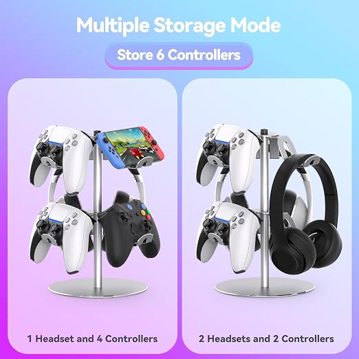 DGPCT Aluminum Rotating Controller Stand for Xbox/PS5/Switch, 2-Tier | 6 Hangers to Place, Holds Headset & Controllers, Stable Controller Organizer Rack, Fits for Switch Pro/PS4 and More, Silver - Image 3