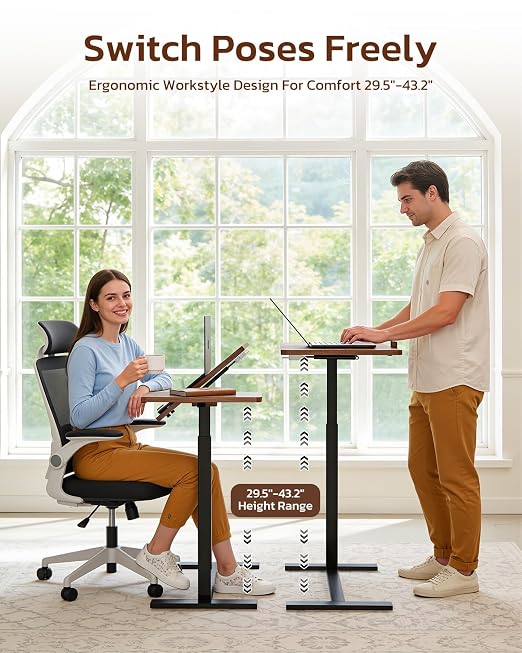 Simple Deluxe Standing Rolling Desk with Hidden Casters, Height Adjustable Pneumatic Mobile Laptop Desk, Tilting Bedside Table for Laptop, Overbed Bedside Table Hospital Home Use, Brown - Image 5
