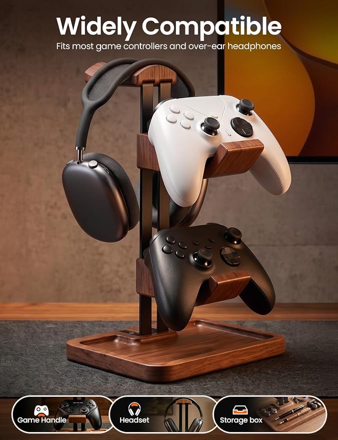LOXP Walnut Headphone and Controller Stand, 2-in-1 Holder with Storage | Solid Wood Gaming Headphone Stand, Built-in Storage, Non-Slip, Fits Xbox PS5 Switch Controllers, Desktop Organizer for Gamers - Image 4