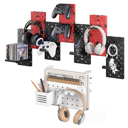 PEGZONE Desk Side Storage Organizer No Drill Under Desk Laptop Holder Bundle with 7 PCS Controller and Headphone Holder Wall Mount by Pegzone
