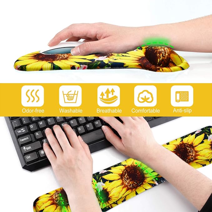 ToLuLu Keyboard Mouse Pad Wrist Rest Set, Gel Ergonomic Mouse Pads for Computer Laptop Office Home, Comfortable Mousepad Keyboard Wrist Support Memory Foam for Easy Typing Pain Relief, Nice Sunflower - Image 4