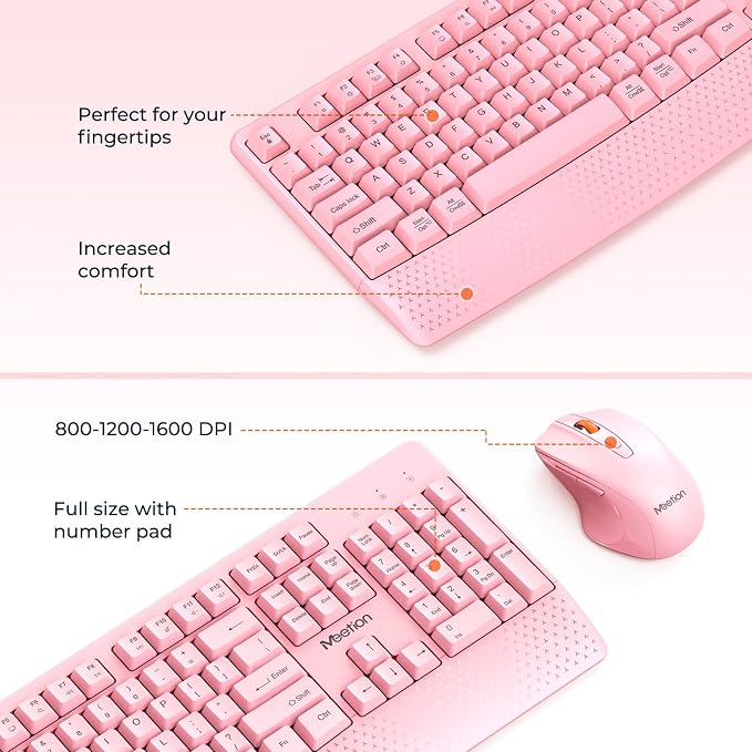 MEETION Wireless Keyboard and Mouse Combo, Full-Size with Wrist Rest, Pink - Image 3