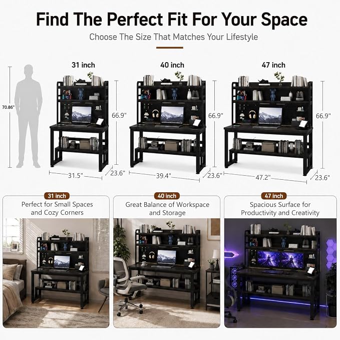 47 Inch Gaming Desk with 1 Power Outlet, 2 USB & LED Lights | Computer Desk with Hutch, Pegboard, Home Office Desk with Shelves for Bedroom, Study (Black,47inch) - Image 2