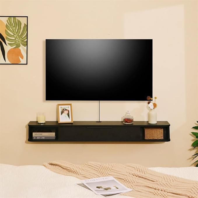 Floating TV Stand, 55" Wall Mounted TV Cabinet, Wood Media Console for TVs up to 65", Entertainment Center with Storage for Living Room, Under TVs Shelf for DVD Player, Black - Image 6