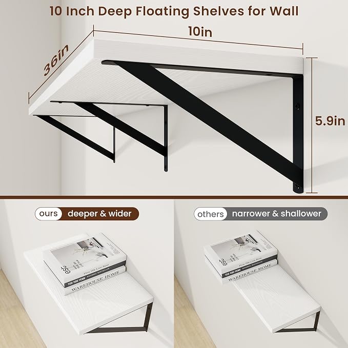Axeman Deep Floating Shelves, 36'' x 10'' White Wall Shelves Set of 2 - Image 3