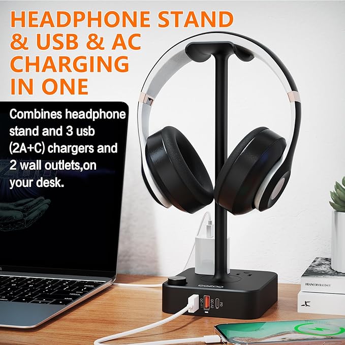 cozoo Headphone Stand with Charger for Desk, Gifts for Gamers Men, Black | Gaming Headset Stand Holder for Desk, 3 USB(1 USB C) and 2 AC Outlets Charging Ports, Headphone Hanger, Gamer Gifts for Men - Image 2
