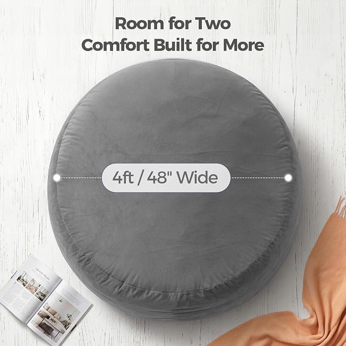 ACH 4ft Bean Bag Chair for Adults, Large Oversized Memory Foam Floor Chair, Machine Washable Velvet Cover, Living Room and Bedroom (Grey, Large) - Image 2