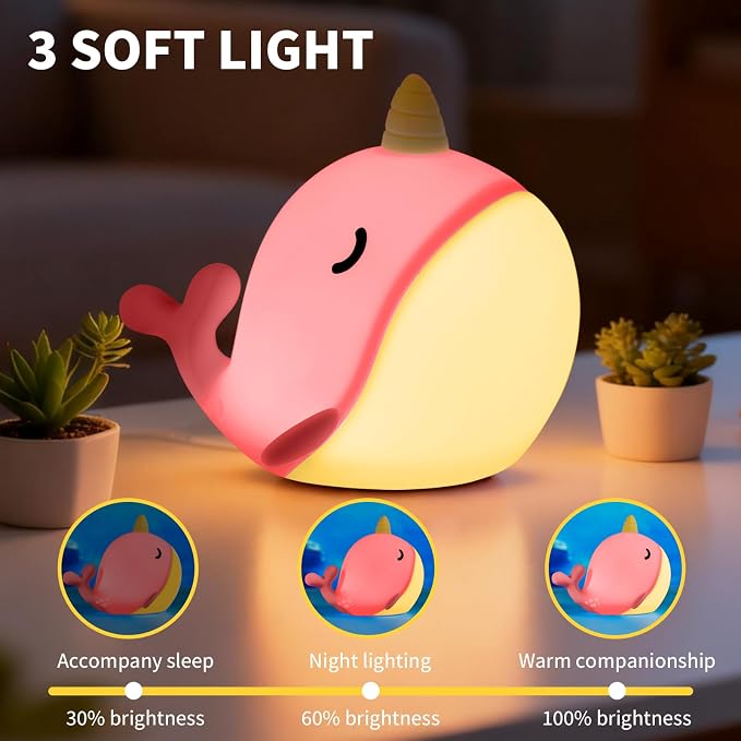 Cute Narwhal Night Light, Tap Control with 3 Warm White Brightness, USB Kids Bed Lamp with 30-Minute Timer, Soft Silicone Glow for Nursery, Birthday Gift (Pink Narwhal) - Image 3