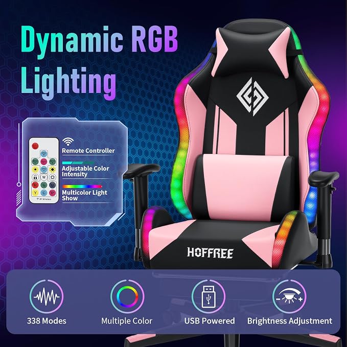 HOFFREE RGB Gaming Chair for Kids LED Computer Chair 155°Recliner-Pink | PC Game Chair with Lights Gamer Chair for Boys Teens 8-15 Video Game Chairs with Footrest and Lumbar Support Racing Style - Image 5
