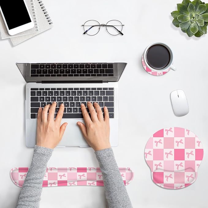 Britimes Ergonomic Mouse Pad Set with Wrist Rest, Pink Bow - Image 3
