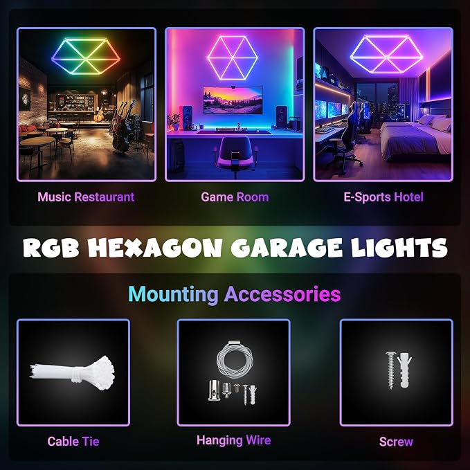RGB Hexagon Lights - Music Sync & Remote Control & 358+ Color Changing Honeycomb Lights for Garage, Gaming Room, Gym, Bar, Ceiling, Basement, Party Decoration - Image 7