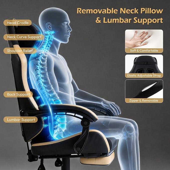 Ergonomic Gaming Chair for Adults with Footrest - PU Leather Computer Gamer Chair with Memory Foam Headrest & Lumbar Pillow, Reclining Silla Gamer Video Game Chair for Home Office, Black & Yellow - Image 7