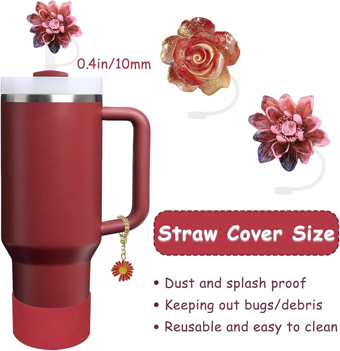 Stanley Cup Accessories Set,Including 2 Pcs 0.4in Straw Cover, 1 Silicone Spill-Proof Stopper Set of 3, 1 Cute Flower Handle Charm, 1 Silicone Boot Fits Stanley 40&30 Oz Tumbler (Cranberry) - Image 2