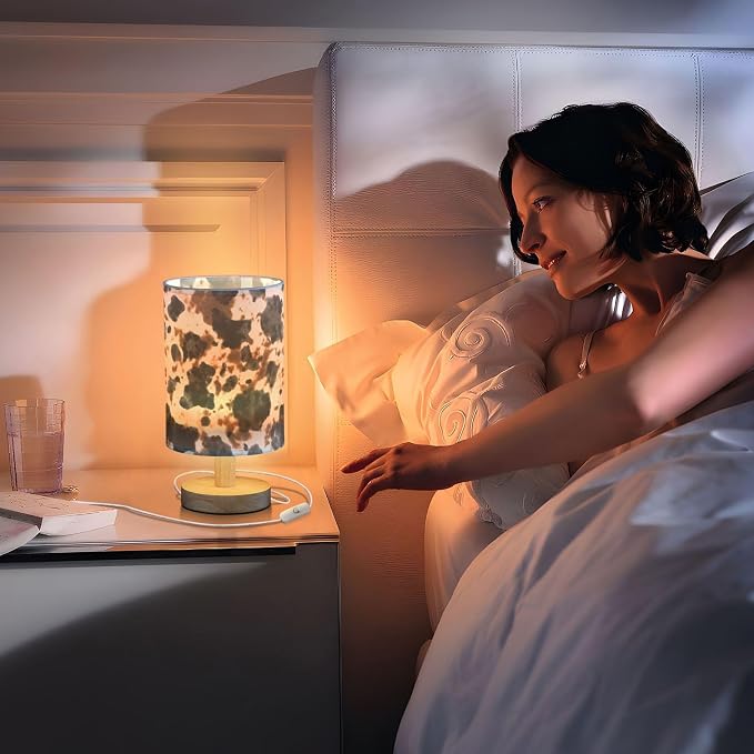 Bedside Table Lamp Cow Tie Dye Print Nightstand Lamp with Wood White Black Brown Animal Skin Desk Lamps for Bedroom Living Room Nursery Office Home Decor - Image 5