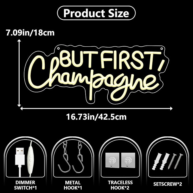But First Champagne Neon Sign, Warm White LED Neon Light for Wall Decor, USB Powered Bar Neon Sign for Bar, Home Bar, Kitchen, Bachelorette Party, Wonderful Gift for Champagne Lovers and hostesses. - Image 3
