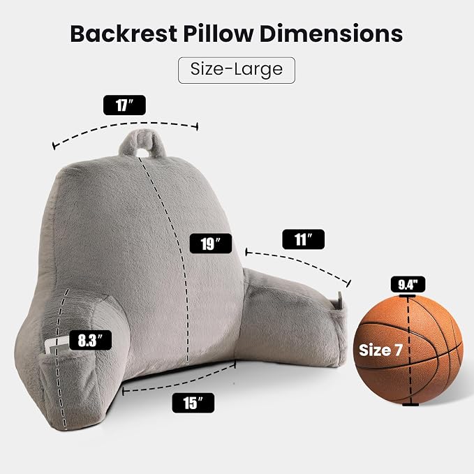 Large Plush Backrest Pillow for Sitting in Bed,Faux Fur,Gray | 19" Back Pillow with Arms Supports Adults,College Students,Elbows & Forearms for Dorm Reading,Gaming,Watching TV - Image 3