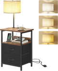 Fixwal Bedside Table with 3 Color Temperature Reading Light, Nightstand with LED Light & Charging Station End Table with Adjustable Fabric Drawer for Bedroom, Dorm, Rustic Brown by Fixwal