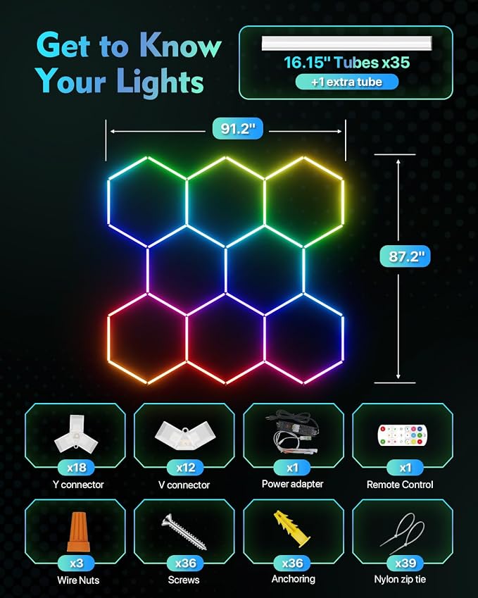 Hexagon Garage Lights, 8-Hex RGB, DIY Lighting Effects, Music Sync - Image 9