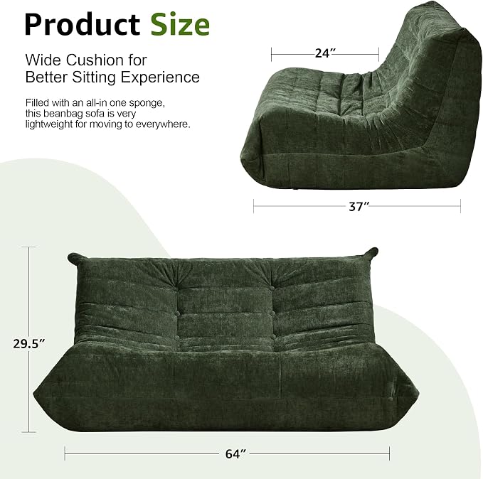 Hobestluk Large Bean Bag Chairs for Adults Fireside BeanBag Couch Togo Sofa | Ergonomic Design,Memory Foam,No Assembly,Faux Fur Fireside Lounge Floor Chair Back Support Office | Green Chenille Loveseat - Image 2