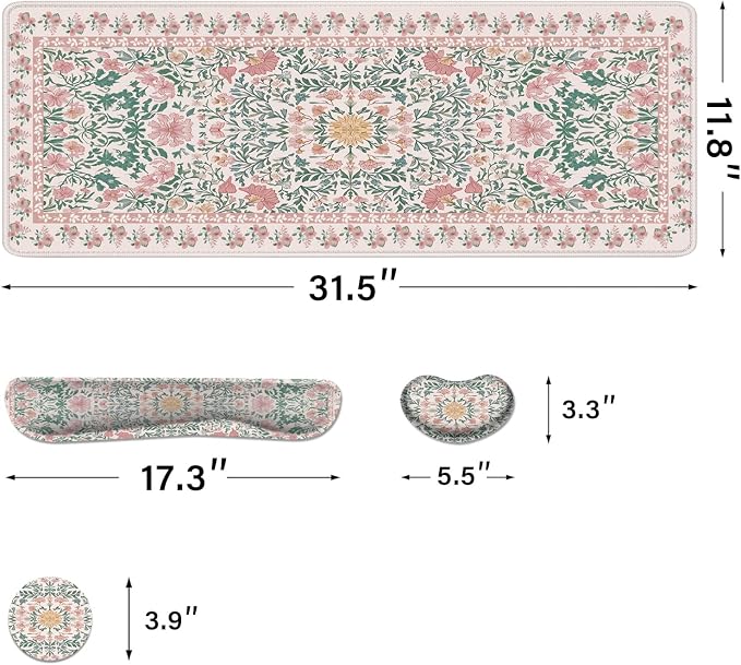 Desk Pad and Keyboard Wrist Rest, Large Mouse Pad + Keyboard Pad+Mouse Wrist Support, Non-Slip Desk Mat Protector for Office, Home 31.5×11.8 Inches Pink Floral - Image 2
