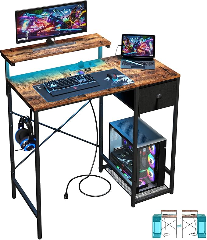 X-cosrack 33.5" Small Gaming Desk with LED Lights & Outlets, Monitor Stand by X-cosrack