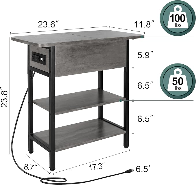 Yoobure End Table with Charging Station, Flip Top Side Table with USB Ports and Outlets, Sofa Couch Table Bedside Table for Living Room Bedroom, Narrow Nightstand with Shelves for Small Space Gray - Image 3