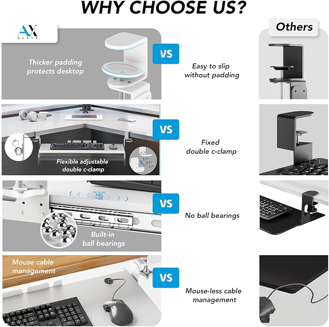 AX WABER Keyboard Tray Under Desk Pull Out with Extra Sturdy C Clamp Mount System, 27.3 (32.5 inch Including Clamps) x 11 Inch Slide-Out Platform Computer Drawer for Typing White AX01WW01 - Image 2