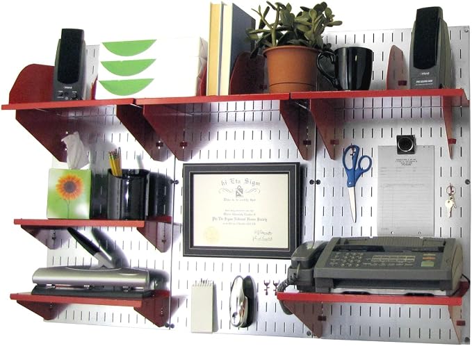 Wall Control Office Organizer Unit Wall Mounted Office Desk Storage and Organization Kit Metallic Slotted Wallboards and Red Accessories by Wall+Control