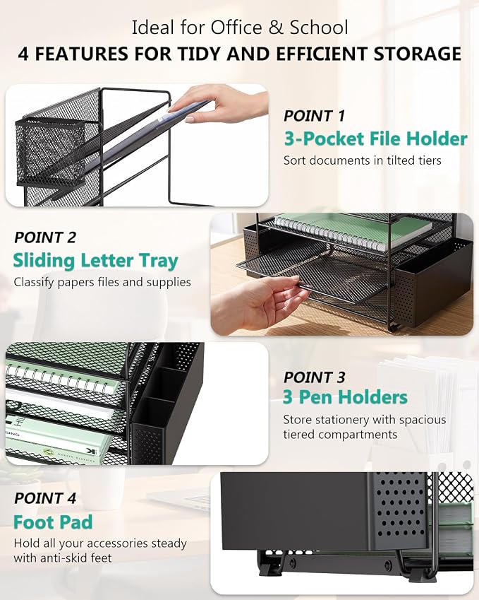 WALI Desk File Organizer, 7 Tier Desktop Paper Letter Tray Organizer with Drawer and 3 Pen Holders, Office Desk Accessories & Workspace Organizers for Office, Home, School Supplies, 1 Pack, Black - Image 4