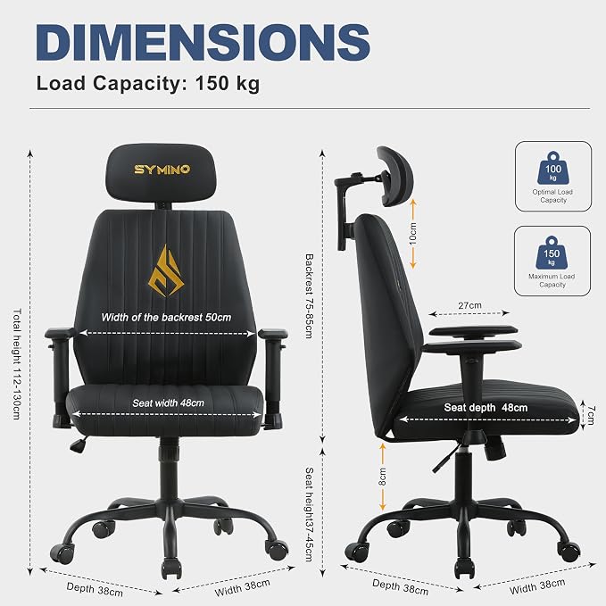 Symino Office Chair Ergonomic with 109° Rocking Function, Premium PU Leather, Integrated Lumbar Support, Adjustable Headrest & Armrests, Swivel Desk Chair - Image 3