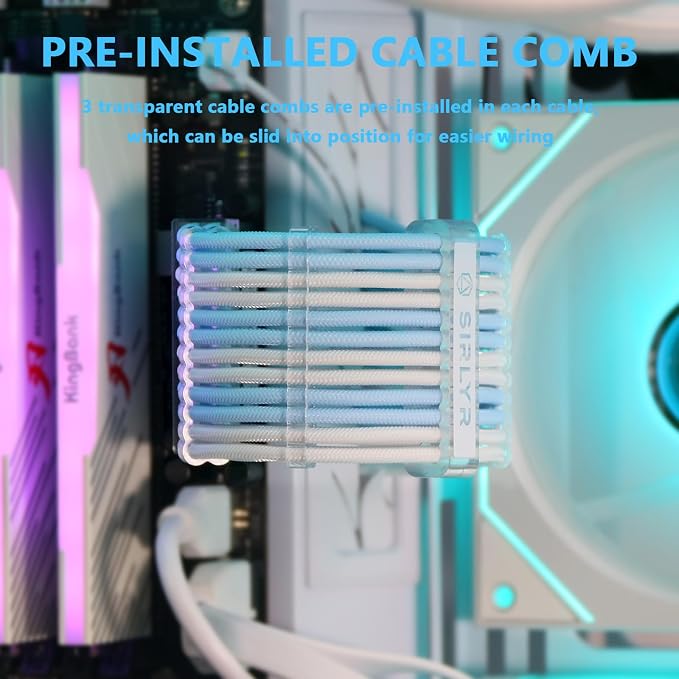 Sirlyr PSU Cable Extension,Customed Pre-Bend PC Power Supply Cable,1x 24 Pin ATX / 1x 8 (4+4) Pin EPS/Longer 2X 8 (6+2) Gold-Plated Pin Pcie,Nylon Sleeved Blue White,4 Kits - Image 7