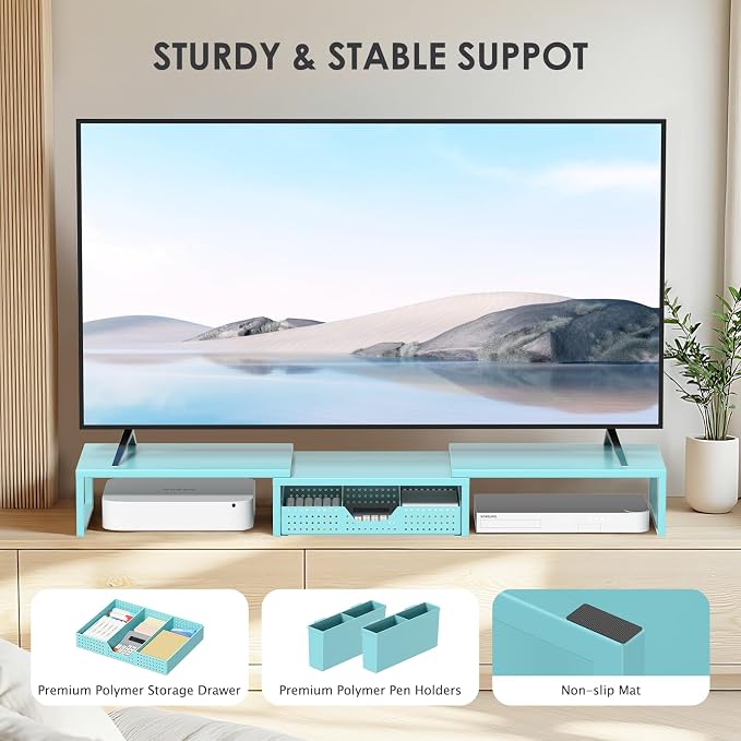 Desk Organizers and Accessories, Dual Monitor Stand Riser with Drawer and 2 Pen Holders, Desk Shelf Computer Racks for Office Workspace Organizers, Desktop Organization (Blue) - Image 7